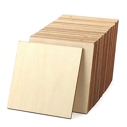 50Pcs Unfinished Wood Pieces 4x4 Inch Square Blank Wooden,Wooden Cutouts for Crafts,Squares Cutout Tiles Unfinished Wood Cup Coasters Natural Slices Wooden Square Cutouts for Ornaments HomeDecoration