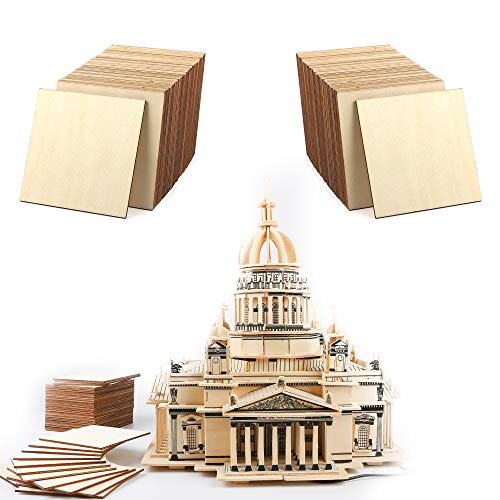 50Pcs Unfinished Wood Pieces 4x4 Inch Square Blank Wooden,Wooden Cutouts for Crafts,Squares Cutout Tiles Unfinished Wood Cup Coasters Natural Slices Wooden Square Cutouts for Ornaments HomeDecoration