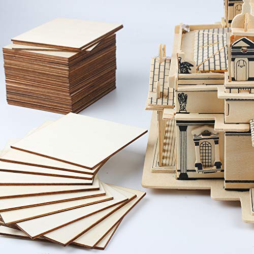 50Pcs Unfinished Wood Pieces 4x4 Inch Square Blank Wooden,Wooden Cutouts for Crafts,Squares Cutout Tiles Unfinished Wood Cup Coasters Natural Slices Wooden Square Cutouts for Ornaments HomeDecoration