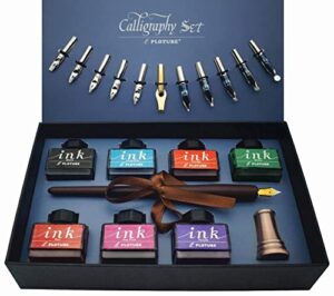 plotube calligraphy pen set – includes wooden dip pen, antique brass holder, 11 nibs, 7 colors ink bottles and beginner’s manual