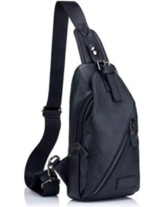 bullcaptain genuine leather men shoulder bag sling chest bag travel hiking backpack crossbody bag (black)