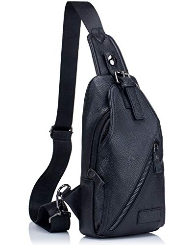 BULLCAPTAIN Genuine Leather Men Shoulder bag Sling Chest bag Travel Hiking Backpack Crossbody Bag (Black)