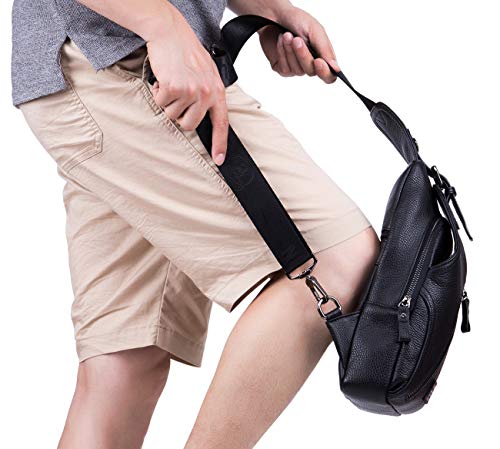 BULLCAPTAIN Genuine Leather Men Shoulder bag Sling Chest bag Travel Hiking Backpack Crossbody Bag (Black)