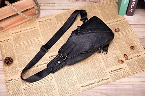 BULLCAPTAIN Genuine Leather Men Shoulder bag Sling Chest bag Travel Hiking Backpack Crossbody Bag (Black)