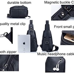 BULLCAPTAIN Genuine Leather Men Shoulder bag Sling Chest bag Travel Hiking Backpack Crossbody Bag (Black)