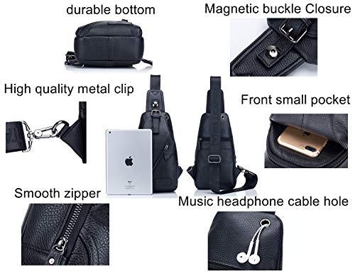 BULLCAPTAIN Genuine Leather Men Shoulder bag Sling Chest bag Travel Hiking Backpack Crossbody Bag (Black)