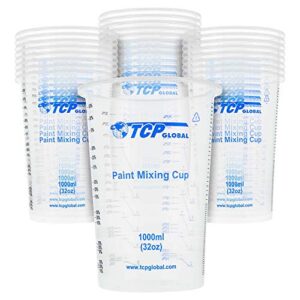 tcp global 32 ounce (1000ml) disposable flexible clear graduated plastic mixing cups – box of 25 cups – use for paint, resin, epoxy, art, kitchen, cooking, baking – measuring ratios 2-1, 3-1, 4-1, ml