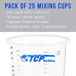 TCP Global 32 Ounce (1000ml) Disposable Flexible Clear Graduated Plastic Mixing Cups - Box of 25 Cups - Use for Paint, Resin, Epoxy, Art, Kitchen, Cooking, Baking - Measuring Ratios 2-1, 3-1, 4-1, ML