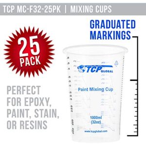 TCP Global 32 Ounce (1000ml) Disposable Flexible Clear Graduated Plastic Mixing Cups - Box of 25 Cups - Use for Paint, Resin, Epoxy, Art, Kitchen, Cooking, Baking - Measuring Ratios 2-1, 3-1, 4-1, ML