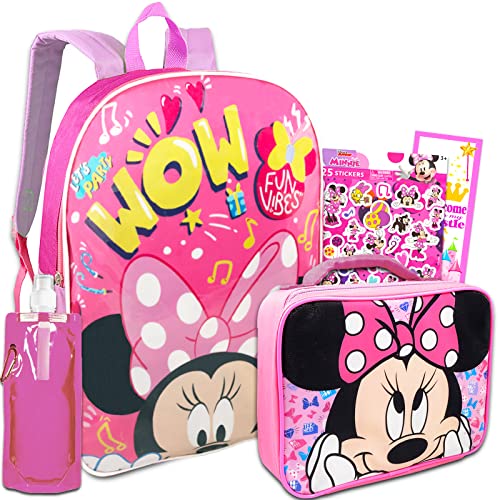 Disney Minnie Mouse Backpack with Lunch Box Set - Bundle with 15" Minnie Backpack, Minnie Mouse Lunch Bag, Stickers, Water Bottle, More | Minnie Mouse Backpack for School