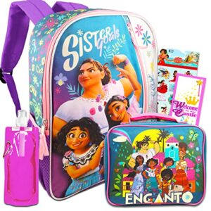 Disney Encanto Backpack with Lunch Box for Girls - Bundle with 16” Encanto Backpack, Encanto Lunch Bag, Water Pouch, Stickers, More (Encanto School Backpack)