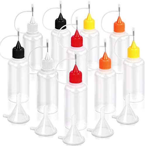 Fandamei 10 PCS Precision Tip Applicator Bottle, 5 Color Glue Applicator Bottle with 5PCS Mini Funnel, 30ml/1 Ounce Fine Needle Tip Squeeze Bottle for Alcohol Ink DIY Quilling Craft Acrylic Painting