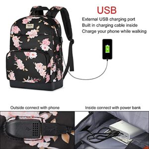MOSISO 15.6-16 inch 20L Laptop Backpack for Women Girls, Polyester Anti-Theft Stylish Casual Daypack Bag with Luggage Strap & USB Charging Port, Peony Travel Business College School Bookbag, Black