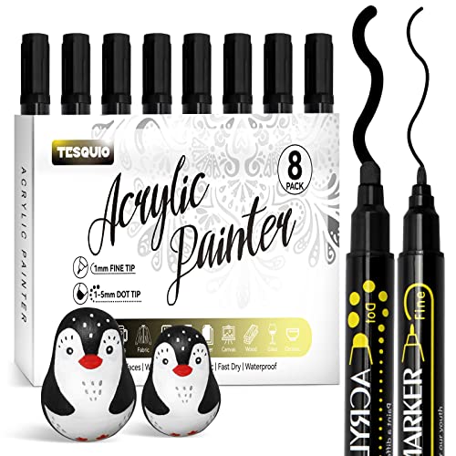 Tesquio Black Paint Marker, 8 Pack Dual Tip Acrylic Paint Pens, Ideal for Wood, Rock Painting, Canvas, Stone, Glass, Ceramic