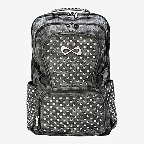 Nfinity Classic Backpack Girls Glitter Bookbag | Perfect Bag for Travel, School, Gym, Cheer Practices | 15” Laptop Compartment | Grey Camo with White Logo and Studs