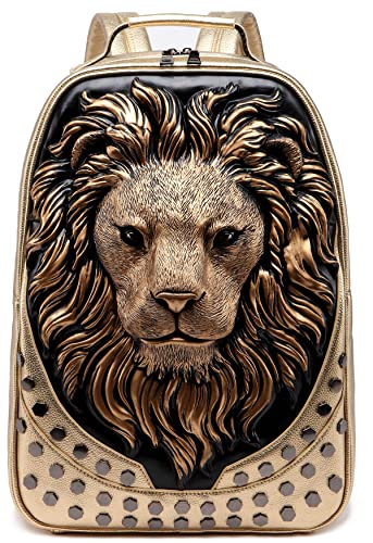 kiisy 3D Lion Head Backpack Bookbag,Designer Travel Laptop Backpack,PU Leather Water Resistant College School Computer Bag (Gold)