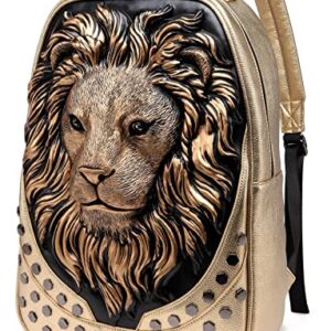 kiisy 3D Lion Head Backpack Bookbag,Designer Travel Laptop Backpack,PU Leather Water Resistant College School Computer Bag (Gold)