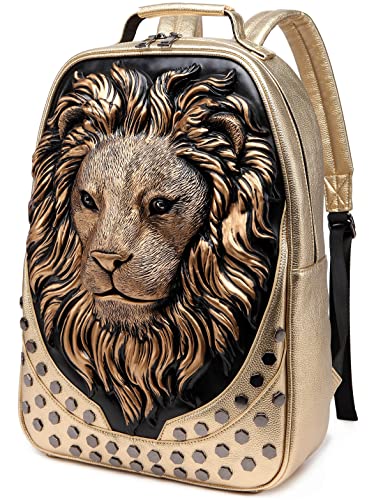 kiisy 3D Lion Head Backpack Bookbag,Designer Travel Laptop Backpack,PU Leather Water Resistant College School Computer Bag (Gold)