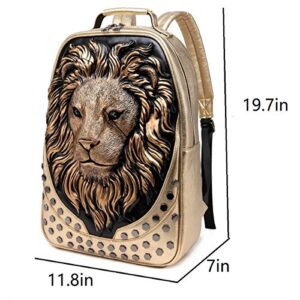 kiisy 3D Lion Head Backpack Bookbag,Designer Travel Laptop Backpack,PU Leather Water Resistant College School Computer Bag (Gold)