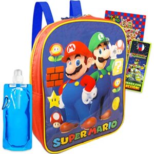 super mario mini school backpack – bundle with super mario backpack for boys girls kids with water pouch, mario stickers, more | mario mini preschool bag