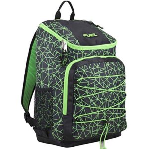 fuel wide mouth sports backpack with front bungee and inner tech pocket, black/lime green sizzle/shattered geo print