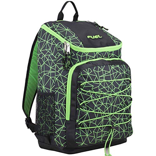 FUEL Wide Mouth Sports Backpack with Front Bungee and Inner Tech Pocket, Black/Lime Green Sizzle/Shattered Geo Print