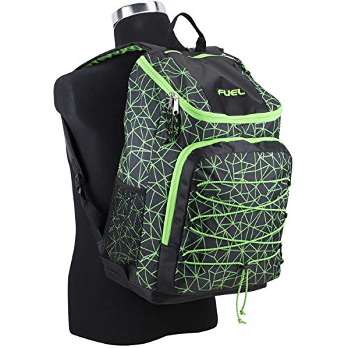 FUEL Wide Mouth Sports Backpack with Front Bungee and Inner Tech Pocket, Black/Lime Green Sizzle/Shattered Geo Print
