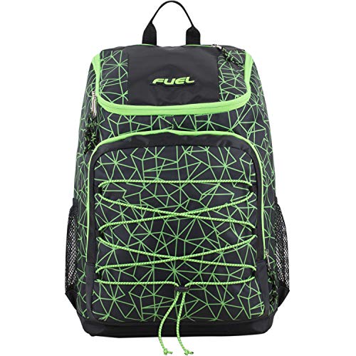 FUEL Wide Mouth Sports Backpack with Front Bungee and Inner Tech Pocket, Black/Lime Green Sizzle/Shattered Geo Print