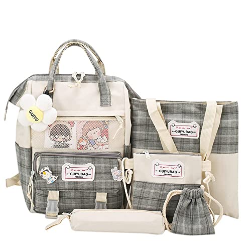 5pcs Kawaii Backpack Set For Teens Cute Backpack with Pins and Pendant Aesthetic Girls Trendy Tote Bag (Grey)