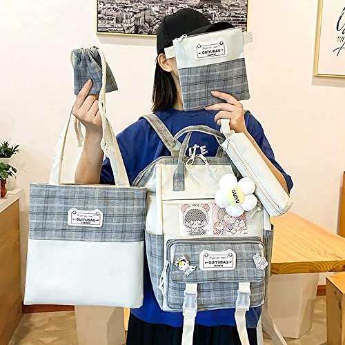 5pcs Kawaii Backpack Set For Teens Cute Backpack with Pins and Pendant Aesthetic Girls Trendy Tote Bag (Grey)