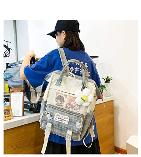 5pcs Kawaii Backpack Set For Teens Cute Backpack with Pins and Pendant Aesthetic Girls Trendy Tote Bag (Grey)