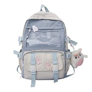meokim kawaii backpack student schoolbag large-capacity tooling style backpack stitching cute girl campus backpack(blue)