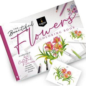 castle arts flowers coloring book | 36 mindfulness-inspiring gorgeous blooms curated by in-house artists | with color reference guide | no show-thru artist grade paper | frameable landscape a4 size