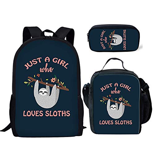 INSTANTARTS School Shoulder Backpack Just a Girl Who Loves Sloth Elementary Lunch Box Pencil Case Set