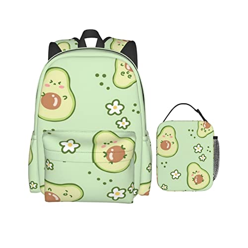 Cute Avocado Pattern Backpack 2 Piece Set Unisex Large Capacity Travel Daypack With Insulated Lunch Bag For Boys Girls School Bag