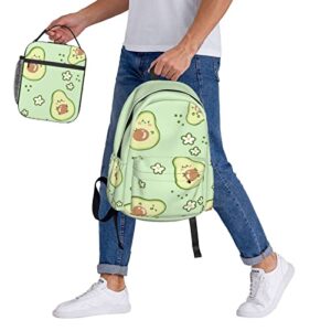 Cute Avocado Pattern Backpack 2 Piece Set Unisex Large Capacity Travel Daypack With Insulated Lunch Bag For Boys Girls School Bag