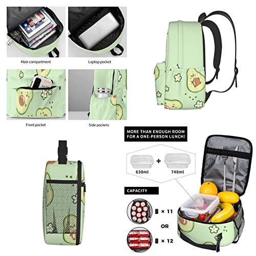 Cute Avocado Pattern Backpack 2 Piece Set Unisex Large Capacity Travel Daypack With Insulated Lunch Bag For Boys Girls School Bag