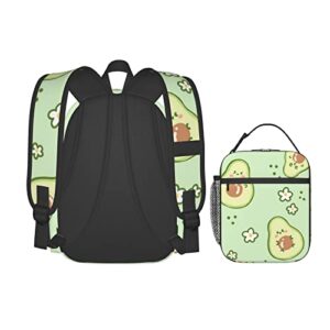 Cute Avocado Pattern Backpack 2 Piece Set Unisex Large Capacity Travel Daypack With Insulated Lunch Bag For Boys Girls School Bag