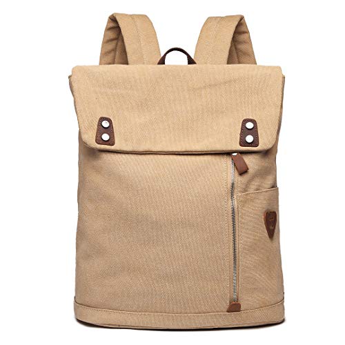 Wxnow Canvas Leather Backpack Laptop Rucksack Casual Outdoor Travel Daypack School Bag for Men Women Khaki