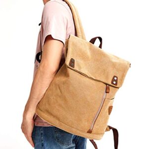 Wxnow Canvas Leather Backpack Laptop Rucksack Casual Outdoor Travel Daypack School Bag for Men Women Khaki