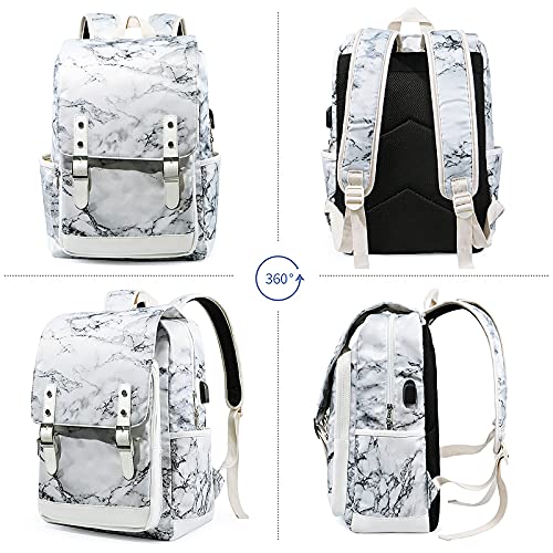 Junlion Vintage Backpack Gift for Girls Marbled School Bag College Daypack Travel Rucksack with USB Charging Port