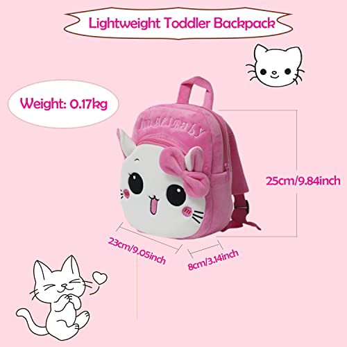 NZ SIXVONA Toddler Backpack for Girls, Cute Cartoon Cat Plush Small Baby Daycare Backpack for Little Kids, Red Cat