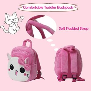 NZ SIXVONA Toddler Backpack for Girls, Cute Cartoon Cat Plush Small Baby Daycare Backpack for Little Kids, Red Cat