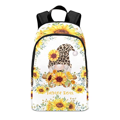 Personalized Name Sunflower Leopard Gnome Watercolor Backpack Unisex Bookbag for Boy Girl Travel Daypack Bag Purse 17.7 IN