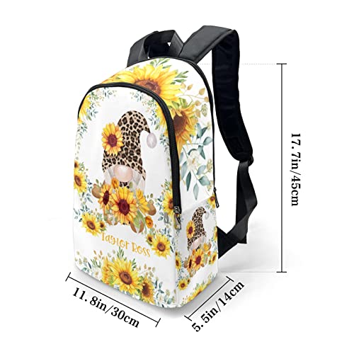 Personalized Name Sunflower Leopard Gnome Watercolor Backpack Unisex Bookbag for Boy Girl Travel Daypack Bag Purse 17.7 IN