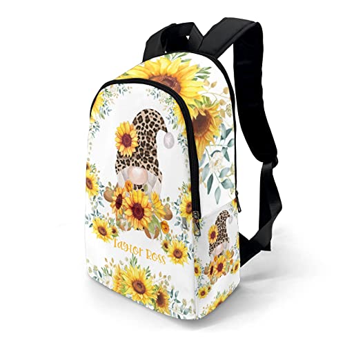 Personalized Name Sunflower Leopard Gnome Watercolor Backpack Unisex Bookbag for Boy Girl Travel Daypack Bag Purse 17.7 IN