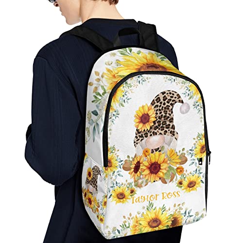 Personalized Name Sunflower Leopard Gnome Watercolor Backpack Unisex Bookbag for Boy Girl Travel Daypack Bag Purse 17.7 IN