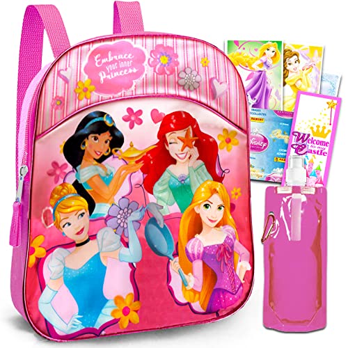 Disney Princess MINI Backpack for Girls ~ 4 Pc Preschool Supplies Bundle with Disney Princess 10" Mini Backpack for Kids, Toddlers, 16oz Pink Water Pouch, Stickers and More