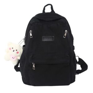 kawaii backpack with kawaii pin and accessories, aesthetic minimalist backpack canvas school casual daypacks for teens girls (black)