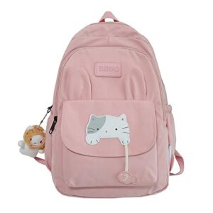kawaii backpack japanese cute cat school backpack with plushies aesthetic backpack for teen girls back to school supplies (pink)